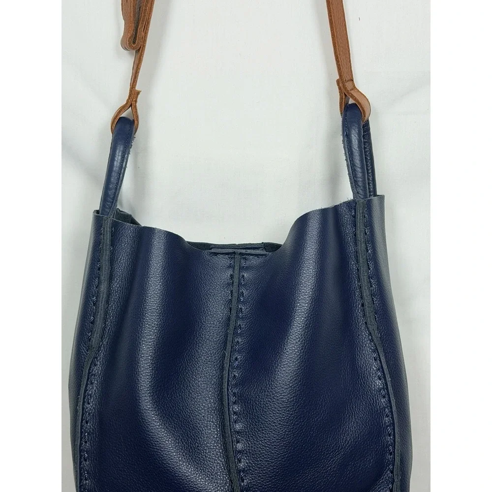 The Sak Los Feliz Leather Bucket Bag Blue Brown Crossbody Shoulder Purse Boho